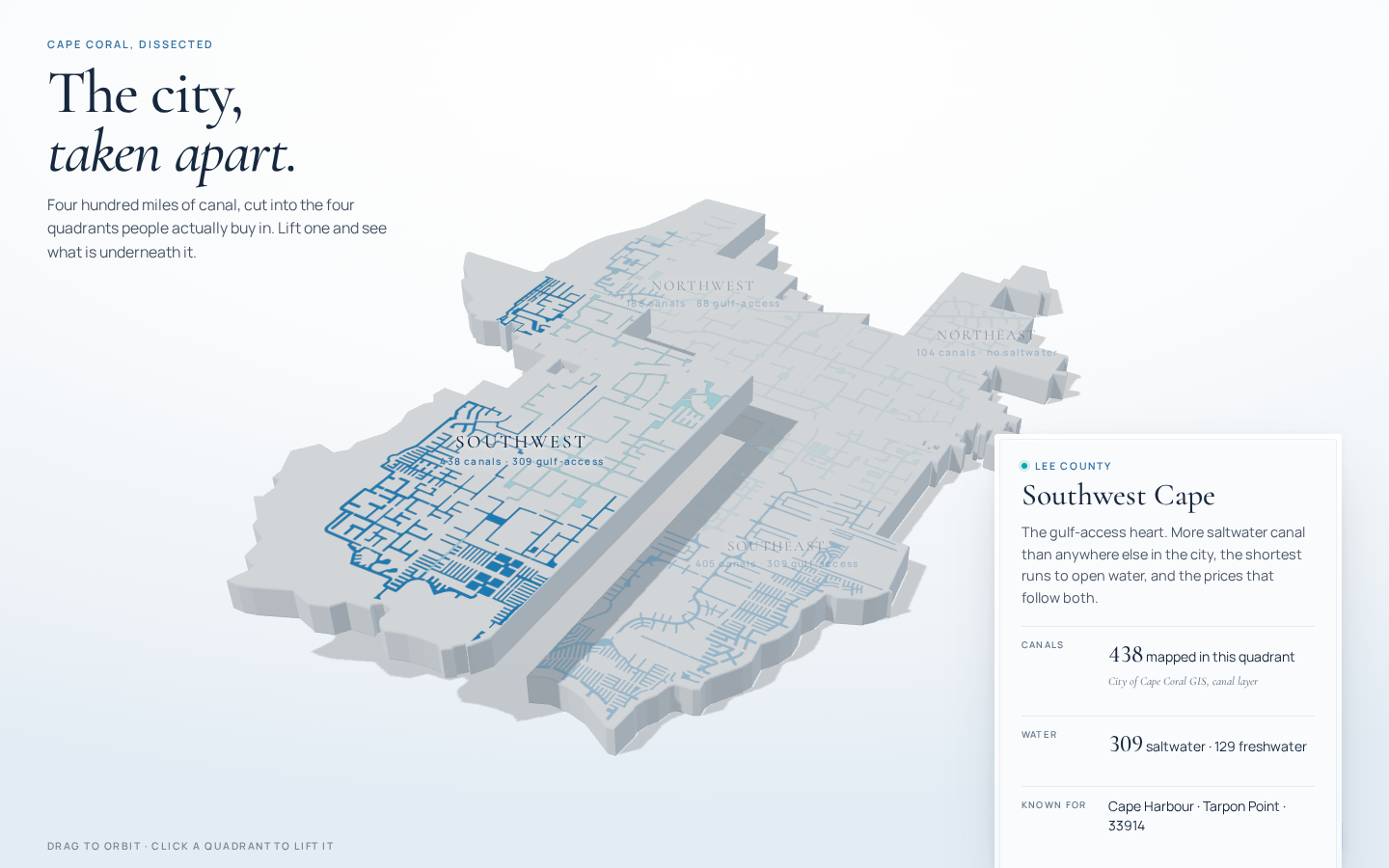 Cape Coral taken apart in 3D; four quadrants with canal ink